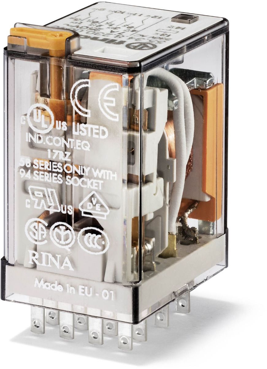 Relais industriel 4RT 7A 12V AC, bouton test et indicateur mecanique