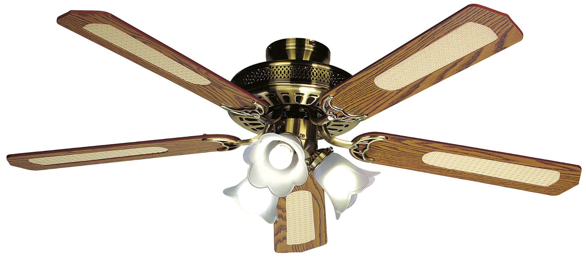 Ventilateur de plafond référence 112470 Farelek, sélecteur de vitesses, pales en MDF cannées noyer, éclairage tulipes E27. 