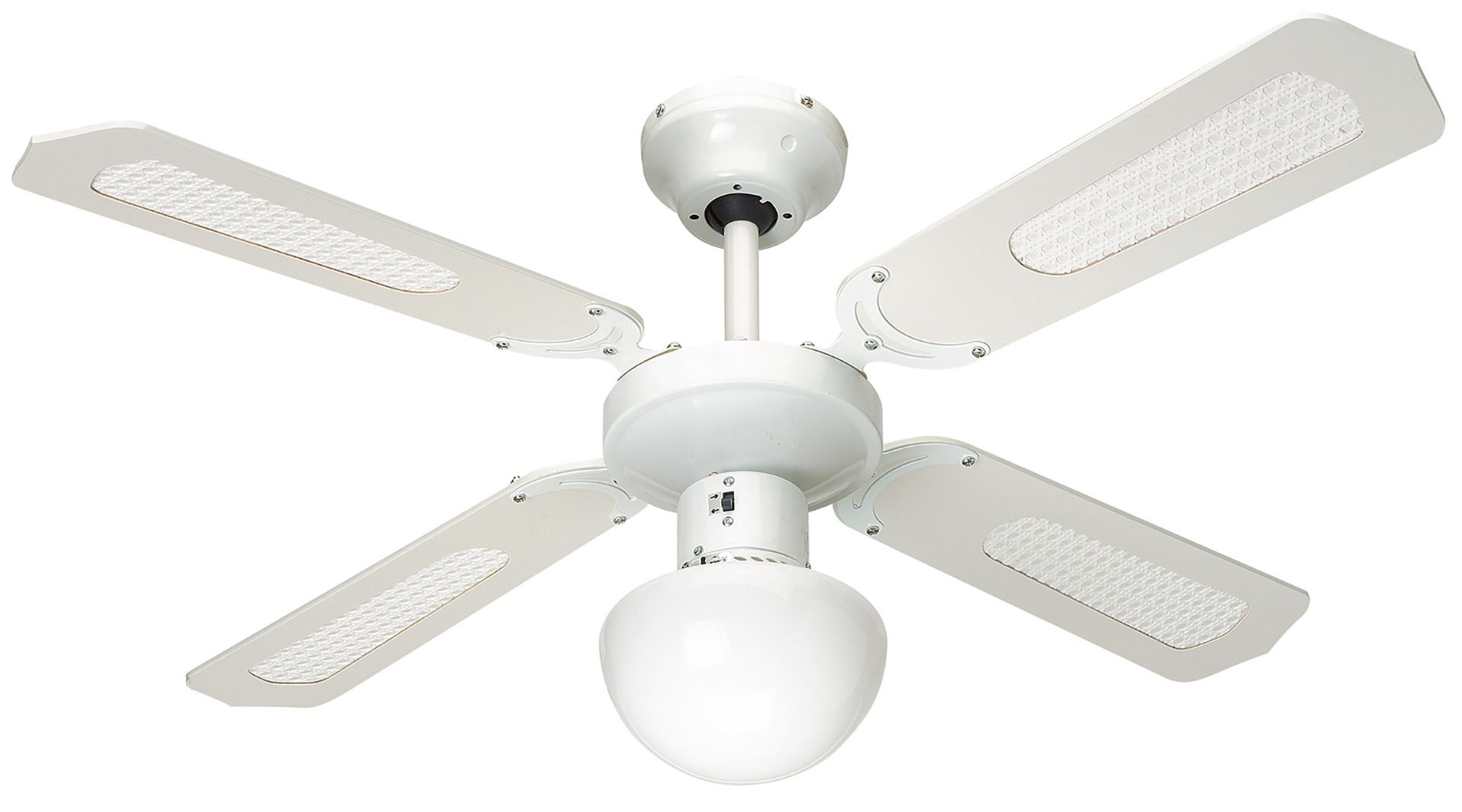 Ventilateur de plafond , sélecteur de vitesses, pales en MDF blanches, éclairage E27. Kit de fixation pour tous les supports offert avec cheville Duopower, vis et cheville molly.