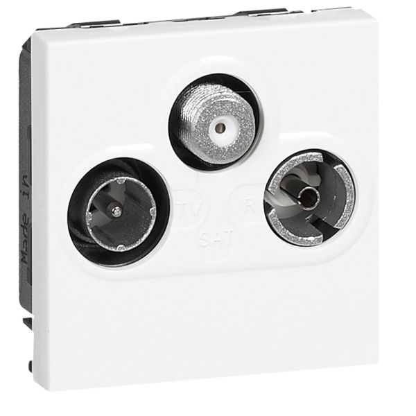 Prise TV-R-SAT blanc Mosaic FM et DAB+ (2 modules) réf. 078786 de Legrand. Prise étoile blindée Classe A pour la réception des signaux télévision (compatible TV UHD), radio et satellite.