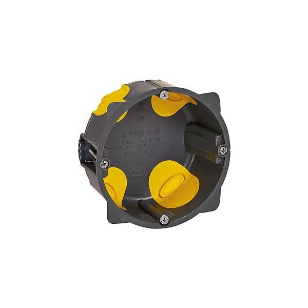 Boîte Eco Batibox 1 poste D85mm profondeur 40mm référence 080086L de la marque Legrand. Boîte pour prise 20A et 32A. De forme ronde pour une pose en encastrée.