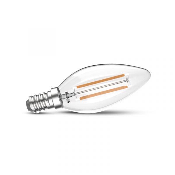 Ampoule LED Filament Flamme référence 100820 de la marque Miidex. Culot E14 (à visser). Puissance 2 Watts 220-240 Volts. Température de couleur 2700K (blanc chaud) avec un flux de 270 lm. Non dimmable.
