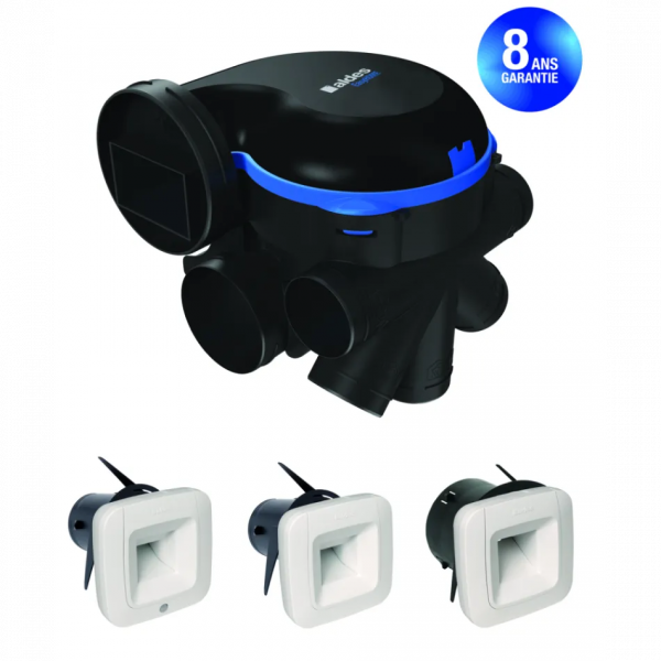 Kit VMC simple flux EasyHOME HYGRO Premium MW BDH référence 11033434 - ALDES. Composé d'un groupe moteur EC et de 3 bouches hygroréglables.