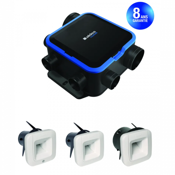 Kit VMC simple flux EasyHOME HYGRO COMPACT Premium MW BDH référence 11033451 de la marque ALDES. Composé d'un groupe moteur EC (très basse consommation et silencieux) + 1 bouche cuisine C51 PUSH Ø 125 mm + 1 bouche bain B51 Ø 80 mm + 1 bouche wc W16 PRES 