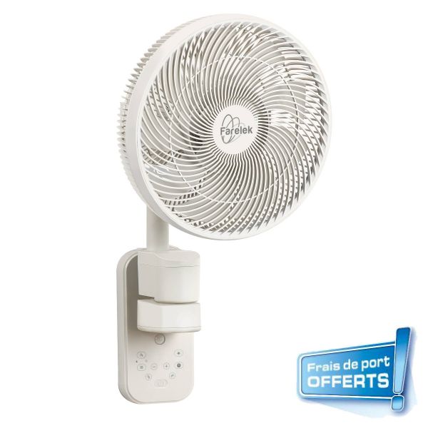 Ventilateur Mural Oscillation 3D référence 112330 Voralia de la marque FARELEK. Modèle blanc équipé d'une hélice de 30 cm de diamètre.