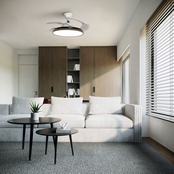 Mise en place dans un salon du Ventilateur de plafond avec éclairage LED, Aelion référence 112457 FARELEK.