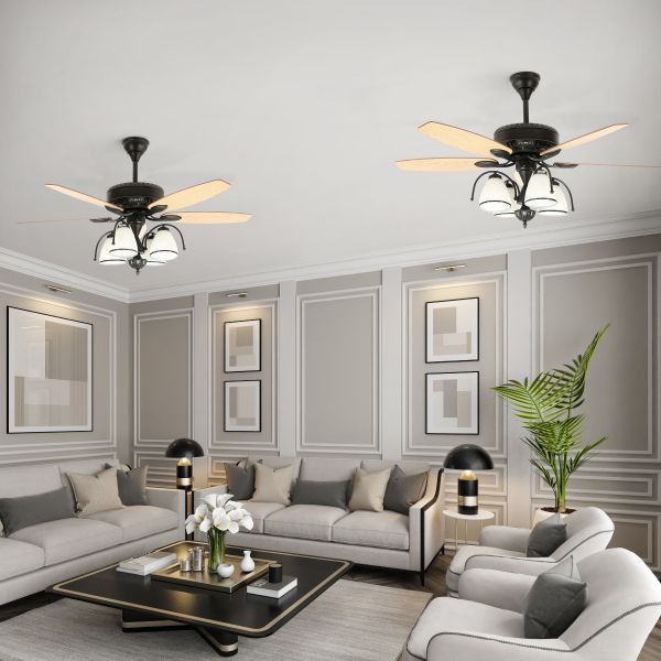 Installation dans un séjour de 2 unités de Ventilateur de plafond avec éclairage, Zéphora référence 112460 de marque FARELEK