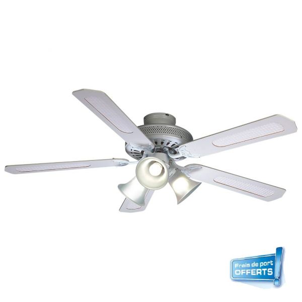 Ventilateur de plafond 112472 blanc farelek gamme Baleares, sélecteur de vitesses, pales en MDF cannées blanc, éclairage tulipes E27. Kit de fixation pour tous les supports offert avec cheville Duopower, vis et cheville molly.