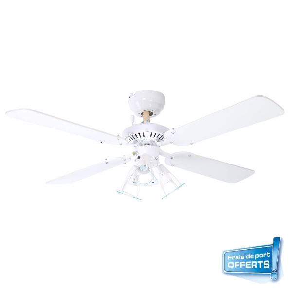 Ventilateur de plafond blanc gamme maldives de la marque Farelek référence 112615. Kit de fixation offert.