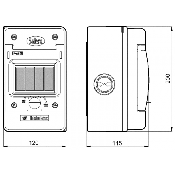 Dimensions du tableau étanche IP65 pour 4 modules - référence 1304 de la marque Solera. Indispensable pour une installation électrique en extérieure ou en milieu humide.