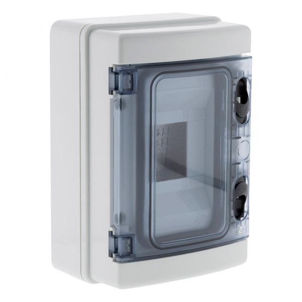 Coffret étanche IP65 pour 4 modules, référence 150202 de la marque Zenitech. Convient à une installation électrique domestique, idéal pour un atelier ou un abri piscine. Livré avec porte, rail DIN métal, un bornier de terre et obturateurs. Certifié CE.