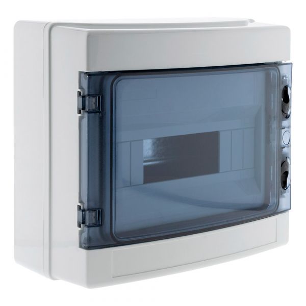 Coffret étanche 8 modules IP65, référence 150204 de la marque Zenitech.Livré avec porte, rail DIN métal, un bornier de terre et obturateurs. Certifié CE.