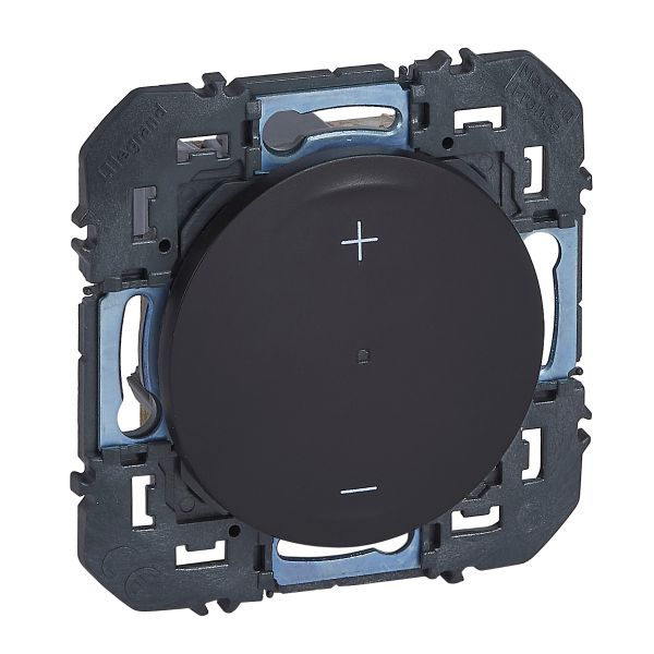 Interrupteur variateur d'éclairage Dooxie universel, 600266A Legrand. Finition noir mat et compatible LED dimmables, halogènes et fluocompactes jusqu'à 150 W.