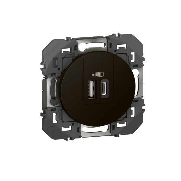 Double chargeur Dooxie 3A USB-A et type C référence 600549 de la marque Legrand avec enjoliveur noir.