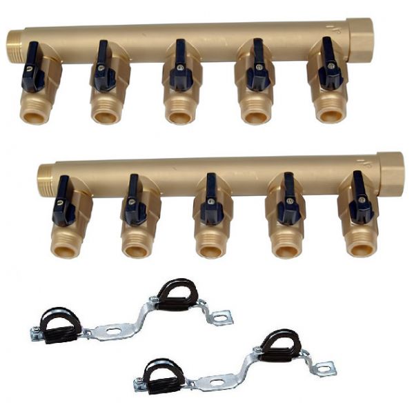 Pack composé de 2 Collecteurs 3/4 (20x27) - 5 départs mâles 1/2 (15x21) avec vannes pré-montées et de 1 lot de 2 supports nourrice 3/4 (20x27) AC-FIX. Parfait pour vos travaux de plomberie. Pour de la construction neuve ou de la rénovation. Permets la dis
