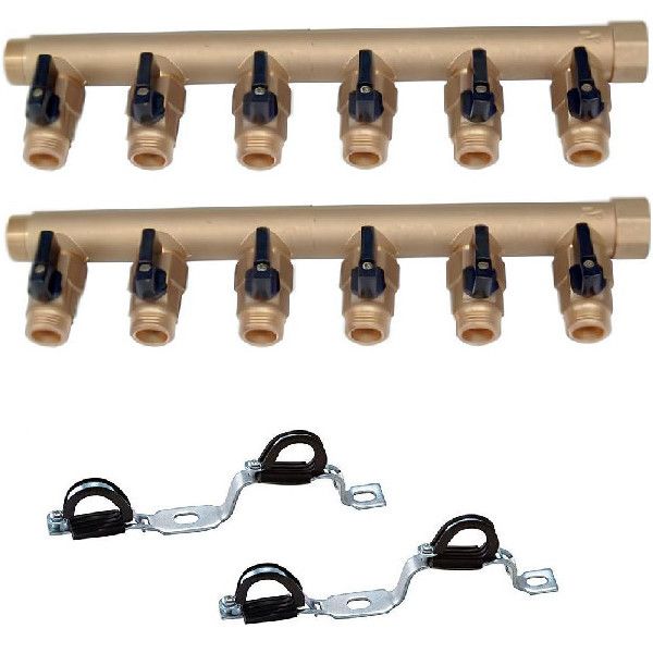 Pack comprenant 2 collecteurs AC-FIX 3/4 (20x27) avec 6 départs mâles vannes 1/2 (15/21) ouverture 1/4 de tour et 2 supports Nourrice 3/4 (20x27) de la marque AC-FIX.