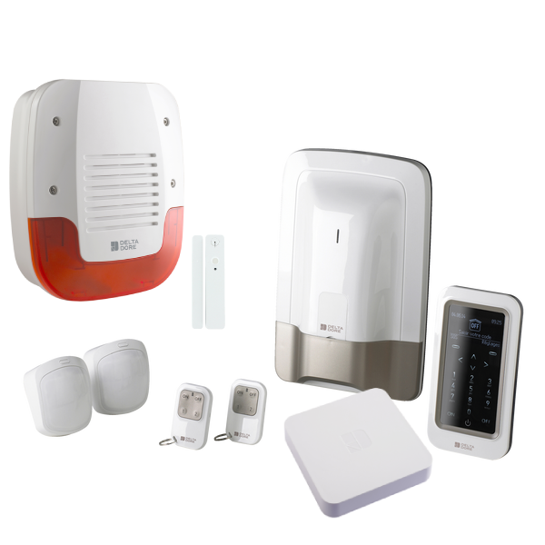 Pack alarme sans fil Tyxal+ en Delta Dore comprenant un kit réf. 6410168, 1 détecteur d'ouverture Tyxal+ réf. 6412288, 1 sirène extérieure Tyxal+ (6415224) et 1 box Tydom Home réf. 6700116.