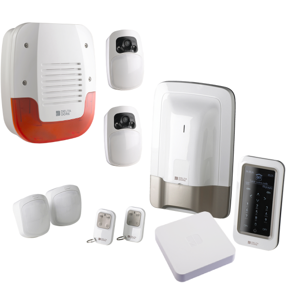 Pack alarme sans fil Tyxal+ en Delta Dore comprenant un kit réf. 6410168, 2 détecteurs vidéo Tyxal+ réf. 6412287, 1 sirène extérieure Tyxal+ (6415224) et 1 box Tydom Home réf. 6700116. Centrale pour 1 à 8 zones.