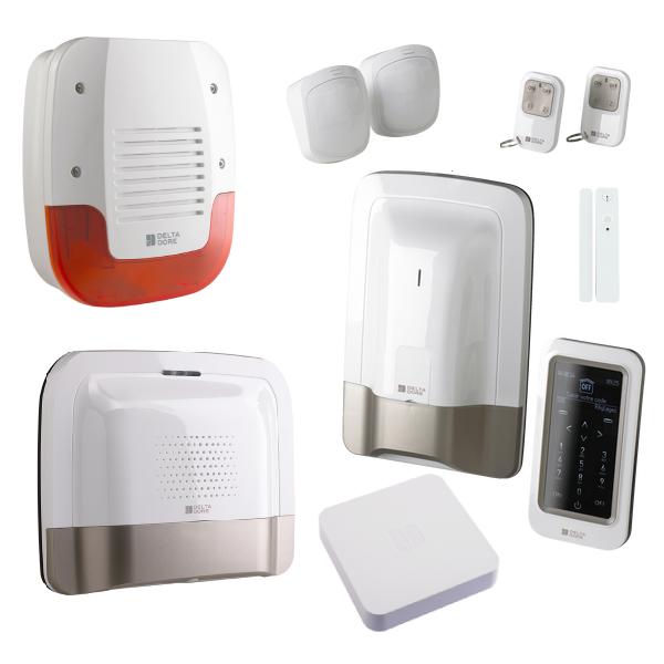 Pack alarme sans fil Tyxal+ en Delta Dore comprenant un kit réf. 6410168, 1 détecteur d'ouverture Tyxal+ réf. 6412288, 1 sirène extérieure Tyxal+ (6415224), 1 répéteur radio Tyxal+ (6414119) et 1 box Tydom Home réf. 6700116.