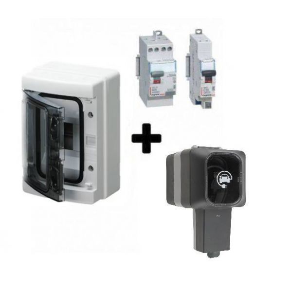 Kit de recharge pour véhicule électrique et hybride rechargeable. Composé d'une prise renforcée Easy Charge 3,6 Kw (790198) IP55 de ProTec + un interrupteur différentiel et un disjoncteur de Legrand + un coffret étanche IP65 + accessoires