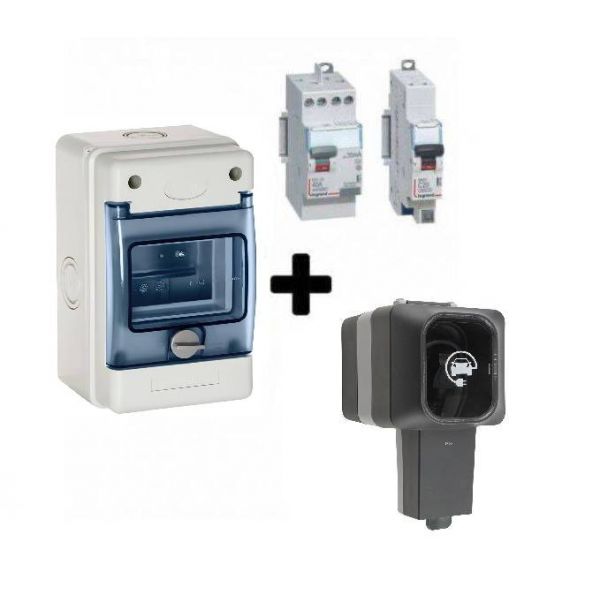 Kit de recharge pour véhicule électrique et hybride rechargeable. Composé d'une prise renforcée Easy Charge 3,6 Kw (790198) IP55 de ProTec + un interrupteur différentiel et un disjoncteur de Legrand + un coffret étanche IP65 + accessoires
