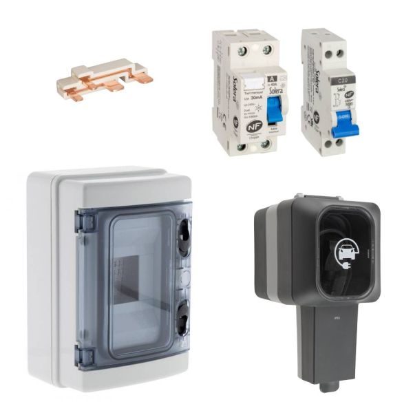 Kit de recharge BMC-V-79SO pour voiture électrique et hybride rechargeable. Composé d'une prise renforcée 790198 Protec + un interrupteur différentiel et un disjoncteur de Solera + un coffret étanche + accessoires.