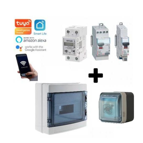 Kit de recharge pour véhicule électrique et hybride rechargeable. Composé d'une prise renforcée Witty 3,7 Kw (XEV080) IP55 de HAGER + un interrupteur différentiel 30mA 40A type A de Legrand + un disjoncteur magnéothermique 20A de la marque Legrand + un co