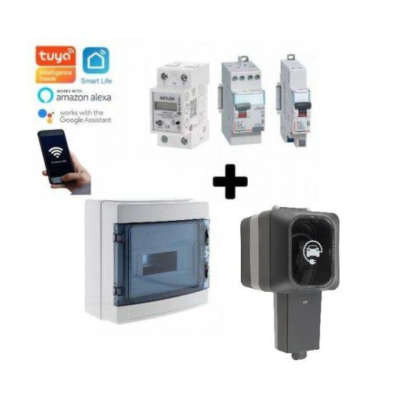 Kit de recharge pour véhicule électrique et hybride rechargeable. Composé d'une prise renforcée Easy Charge 3,6 Kw (790198) IP55 de ProTec + un interrupteur différentiel et un disjoncteur de Legrand + un contacteur Wifi + un coffret étanche IP65 + accesso