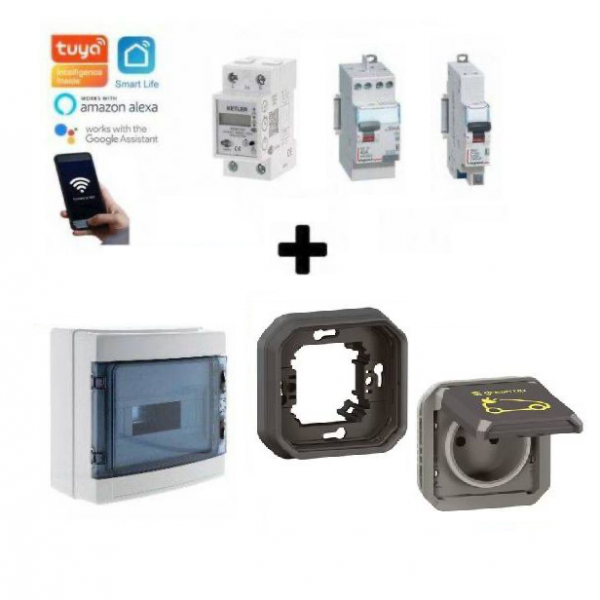 Kit de recharge pour véhicule électrique et hybride rechargeable. Composé d'une prise renforcée Green'Up Access (069885L) IP55 avec support plaque à encastrer (069606L) de Legrand + un interrupteur différentiel et un disjoncteur de Legrand, etc.