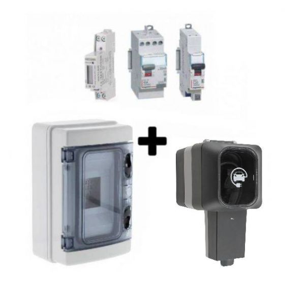 Kit de recharge BMC-VC-79 pour véhicule électrique et hybride rechargeable. Composé d'une prise renforcée Easy Charge 3,6 Kw (790198) IP55 de ProTec + un interrupteur différentiel et un disjoncteur de Legrand + un compteur monophasé certifié MID + un coff