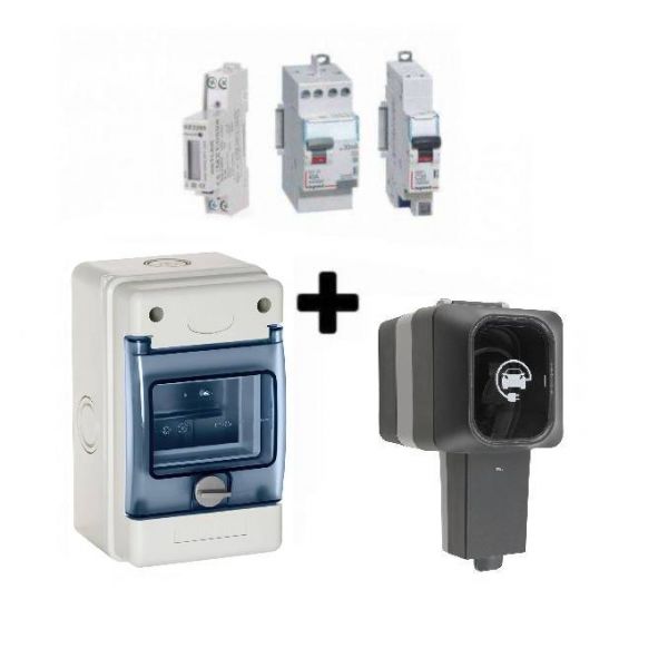 Kit de recharge BMC-VC-79 pour véhicule électrique et hybride rechargeable. Composé d'une prise renforcée Easy Charge 3,6 Kw (790198) IP55 de ProTec + un interrupteur différentiel et un disjoncteur de Legrand + un compteur monophasé certifié MID etc.