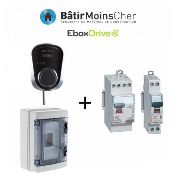 Kit de recharge pour voiture électrique Ebox drive 7,4kW EBOX7KWT2SPP Plug and Play, protections montées dans un tableau étanche. Permet de charger votre voiture électrique en Mode 3. Prise Ebox drive d'une puissance de 7,4kW avec une protection IP55 cont