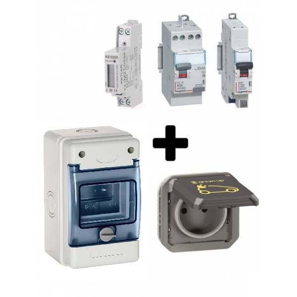 Kit recharge Green'Up encastré + compteur pour voiture électrique - 069885L. Permet de charger votre voiture électrique en Mode 2. Kit conforme à la norme NF C15-100. Avec le compteur à affichage LCD, vous pouvez suivre votre consommation.