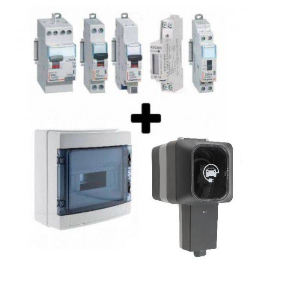 Kit de recharge BMC-VC-HC-79 pour véhicule électrique et hybride rechargeable. Composé d'une prise renforcée Easy Charge 3,6 Kw (790198) IP55 de ProTec + un interrupteur différentiel et deux disjoncteur 2A et 20A de Legrand + un compteur monophasé certifi