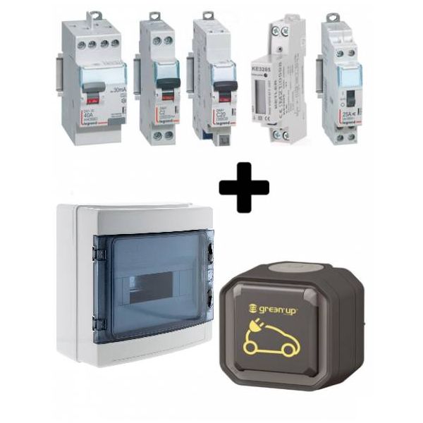 kit de recharge bmc-vc-hc-p équipé + une prise renforcée green'up legrand pour recharger un véhicule électrique ou hybride.