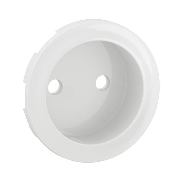 Enjoliveur blanc pour prise de courant fort à puit 2 pôles sans terre. Gamme Céliane référence CB0110 de la marque Legrand.
