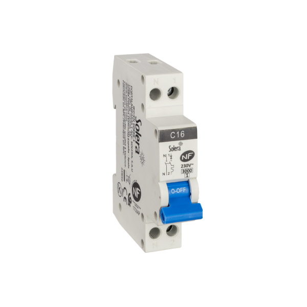 Disjoncteur magnétothermique 16A - vis-vis - référence CBMM1N16F de la marque Solera. Tension 230 Vac (50/60 Hz) - bipolaire 1 Phase + 1 Neutre. Courbe de déclenchement C. Taille : 1 module. Pouvoir de coupure 3kA