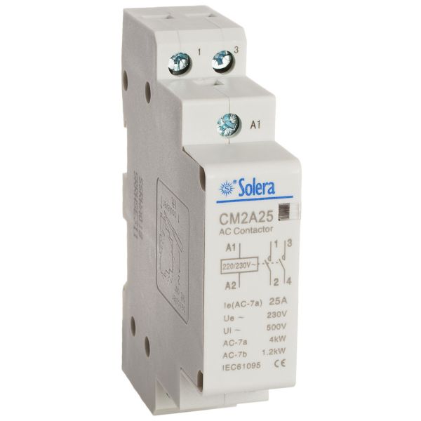 Contacteur de puissance 25A référence CM2A25 de la marque Solera. 2 contacts NO. Tension de la bobine 230 Vac. Appareillage modulaire pour une fixation sur rail Din 35 mm. Encombrement : 1 module.