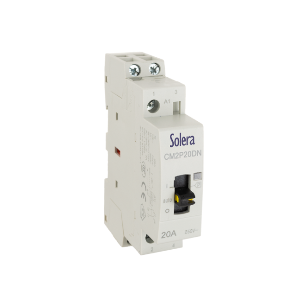 Contacteur jour/nuit 2P - 20A - 2 contacts NO - référence CM2P20DN de la marque Solera. Tension de la bobine 230V 50/60 Hz. Encombrement 1 module. 0-Auto-1 en façade avant.