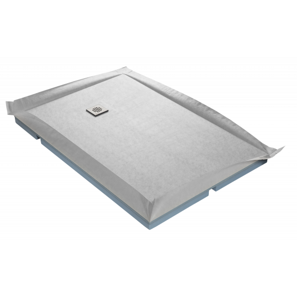 Receveur à carreler avec rehausse intégrée COMPACT BOARD Marmox. Grille carrée excentrée, siphon ultra plat, et natte étanche pré-montée.