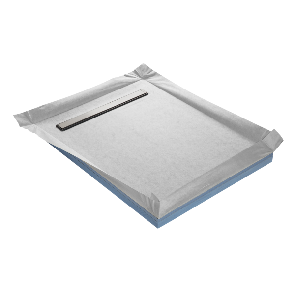 Receveur à carreler avec rehausse intégrée COMPACT BOARD Marmox. Grille caniveau excentrée, siphon ultra plat, et natte étanche pré-montée