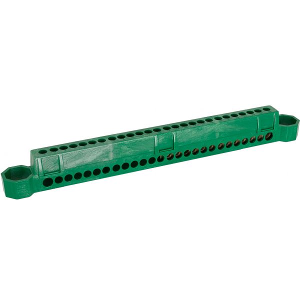 Barrette de terre référence GTL13PE de la marque Solera. Bornier vert pour 12 x 16 mm² + 1 x 25 mm² en rigide et 12 x 10 mm² + 1 x 16 mm² en flexible. Tension de service 400 Vac.