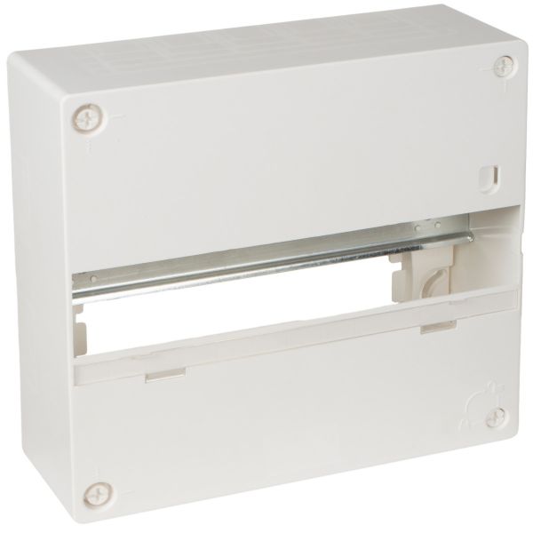 Coffret électrique en saillie en ABS blanc résistant, référence GTL13T de la marque Solera. Capacité 13 modules sur 1 rangée. Barrette de terre et rail DIN inclus. Dimensions : 250 x 240 x 96 mm.