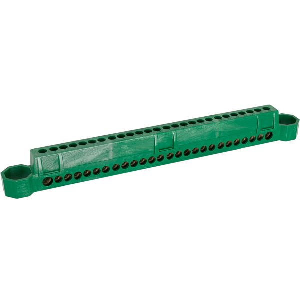 Barrette de terre verte référence GTL26PE de la marque Solera. Bornier pour 24 x 16 mm² + 2 x 25 mm² en rigide et 24 x 10 mm² + 2 x 16 mm² en flexible. Tension 400 Vac. 