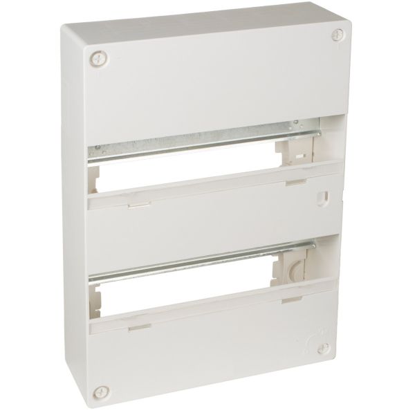 Coffret électrique ABS blanc, référence GTL26T de la marque Solera. 26 modules - 2 rangées. Pose en saillie. Barrette de terre + phase + neutre et rail DIN inclus. Dimensions extérieures : 250 x 365 x 96 mm.