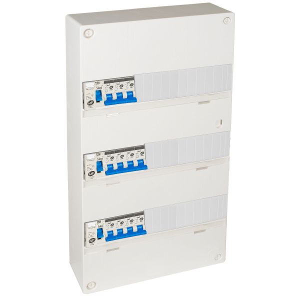 Tableau électrique équipé et précâblé référence GTL39C de la marque Solera. Coffret conçu pour 39 modules sur 3 rangées. Indice de protection IP20. Dimensions extérieures : 250 x 490 x 96 mm.