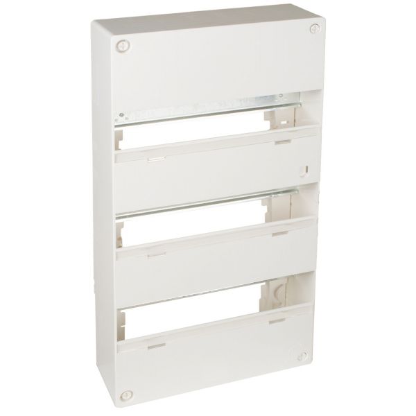 Coffret électrique référence GTL39T de la marque Solera. Capacité de 39 modules sur 3 rangées. Barrettes incluses : terre + phase + neutre. Dimensions extérieures : 250 x 490 x 96 mm. Boîtier équipé avec un rail DIN métallique.