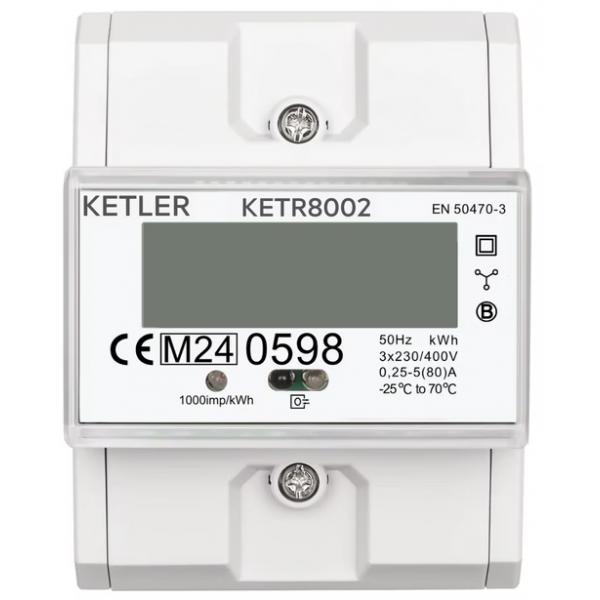 Compteur électrique modulaire référence KETR8002 de la marque KETLER - Tétra 80 A - Certifié MID - Simple tarif - Sortie d'impulsion - Affichage LCD. Facilité d'installation (5 modules).