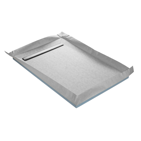 Receveur à carreler LINE BOARD 4 pentes - Marmox - caniveau inox excentré, natte étanche pré-montée et siphon ultra plat horizontal