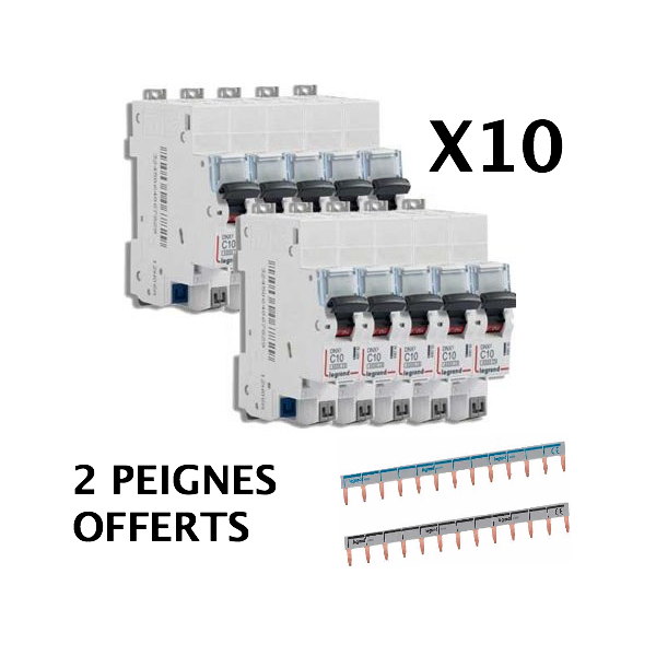 Lot 10 disjoncteurs 10A auto + 2 peignes Offerts